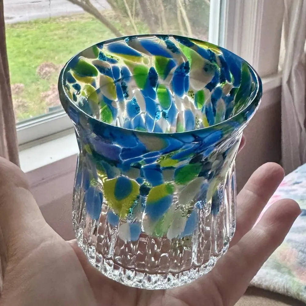 Vintage Art Glass Candle Holder Votive Tealight Confetti Coastal Boho Decor 3”
